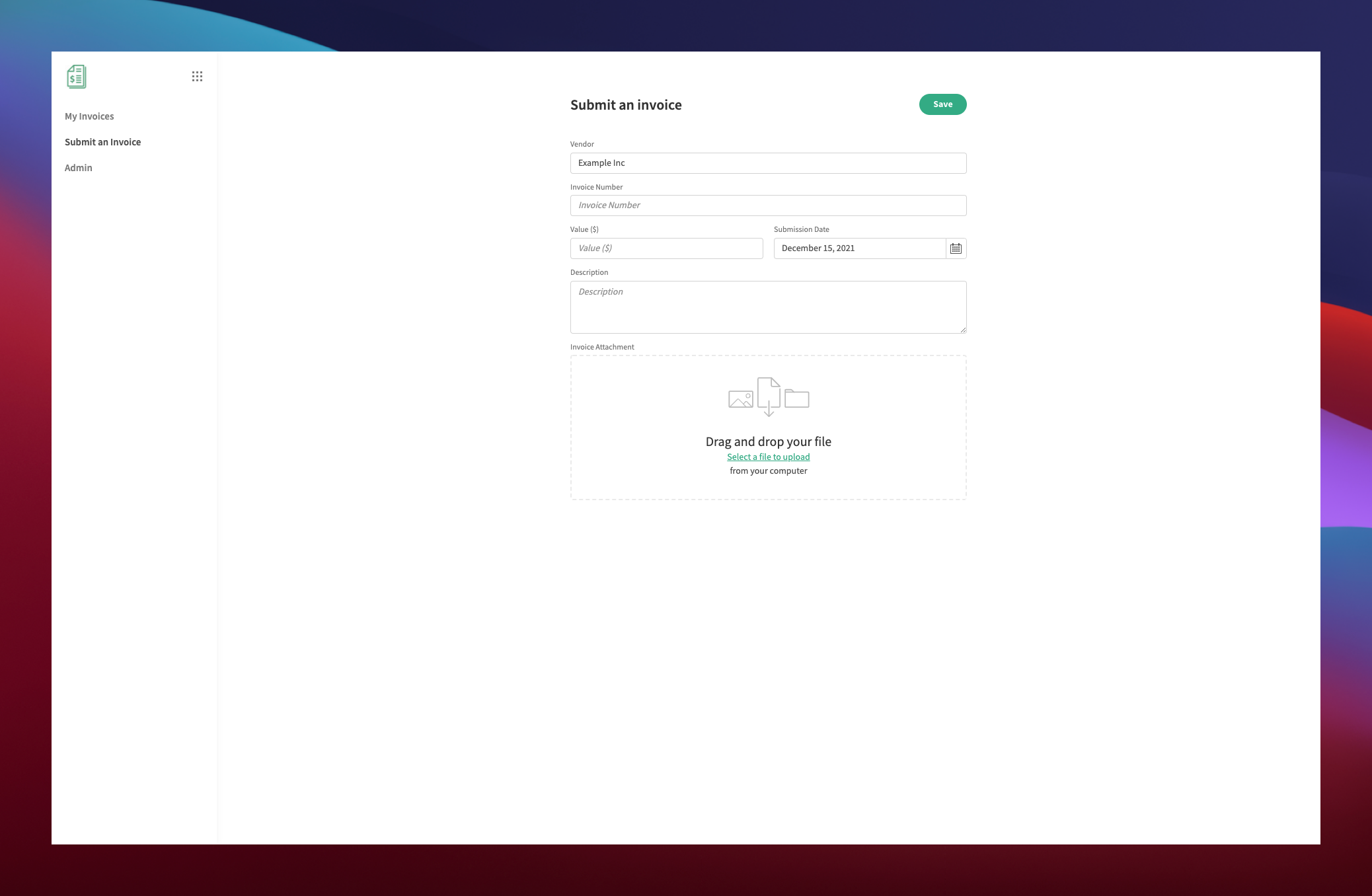 Invoice Approval Software - Submission Screen